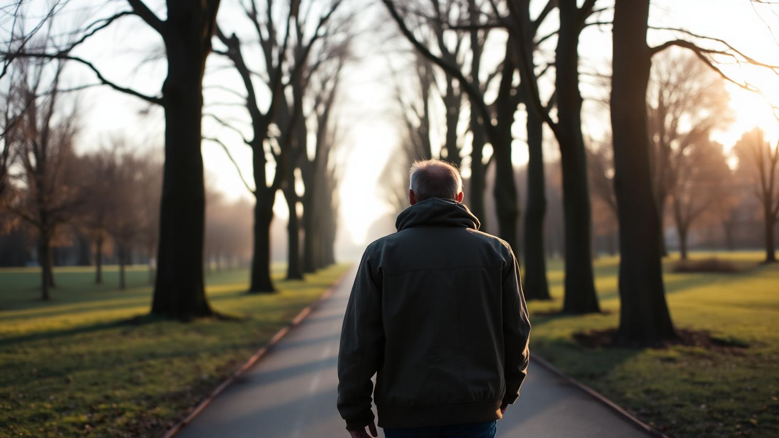 A person walking along a quiet tree-lined path in early morning light