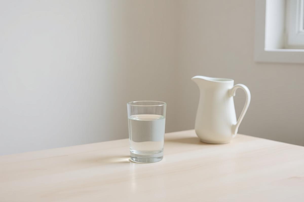 A glass of water and a white ceramic pitcher on a pale wooden table in daylight