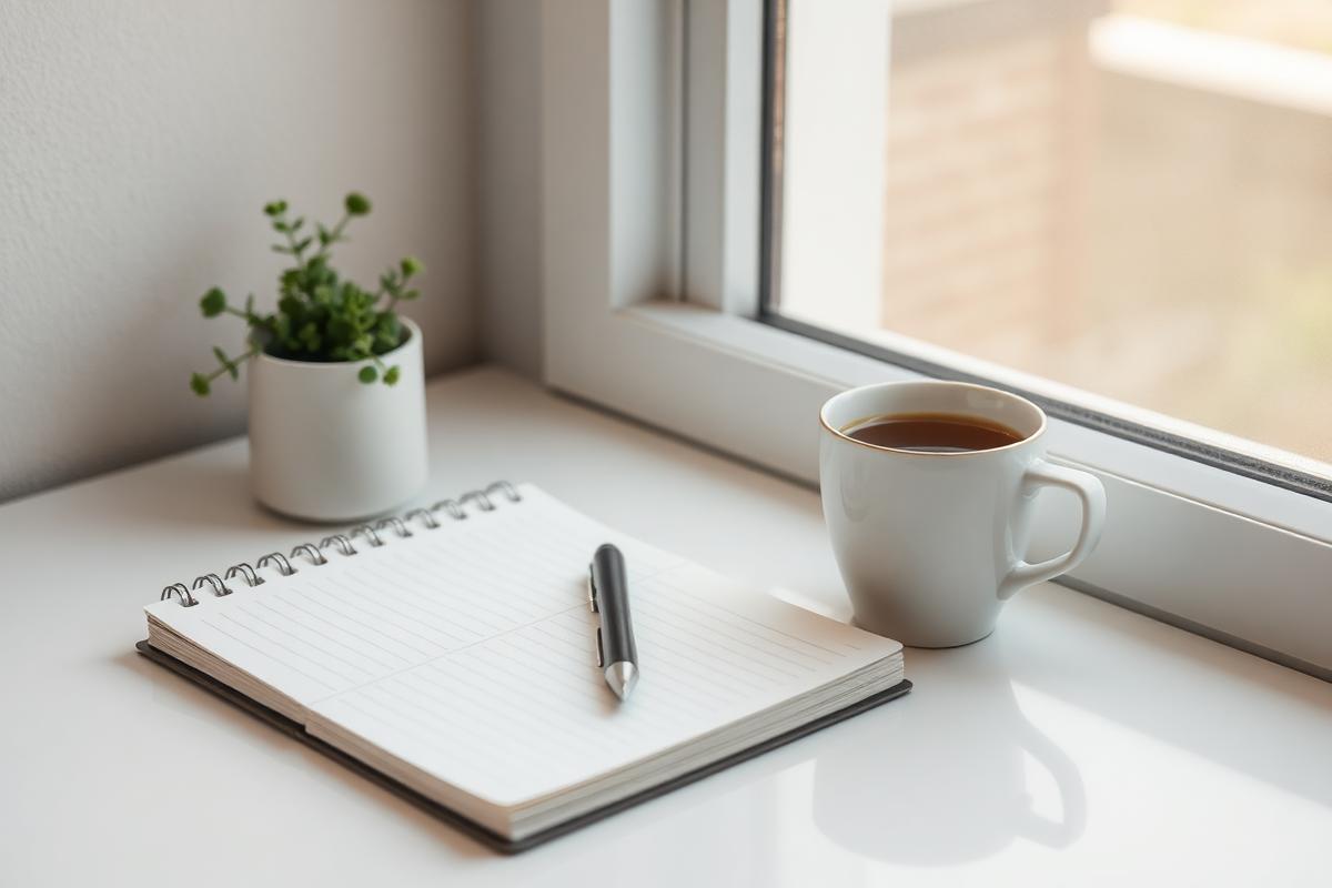 A notebook, pen and cup on a desk by a window